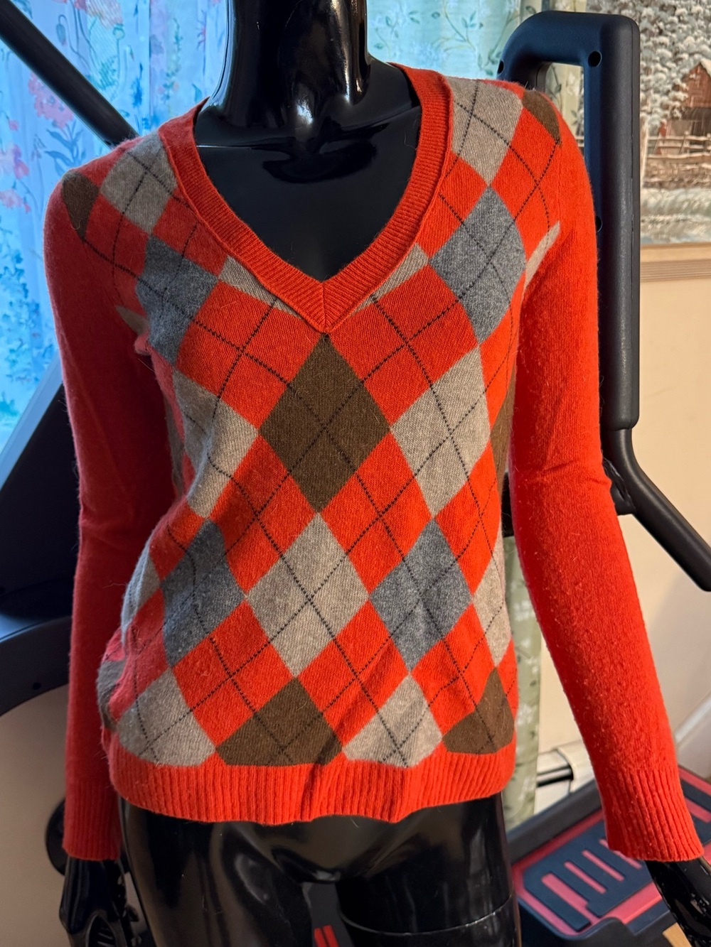 J. Crew Orange Argyle V-Neck Sweater